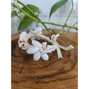 Handmade Woven Straw & Sheashell Summer Bracelet Beach Wedding White Tan Marine